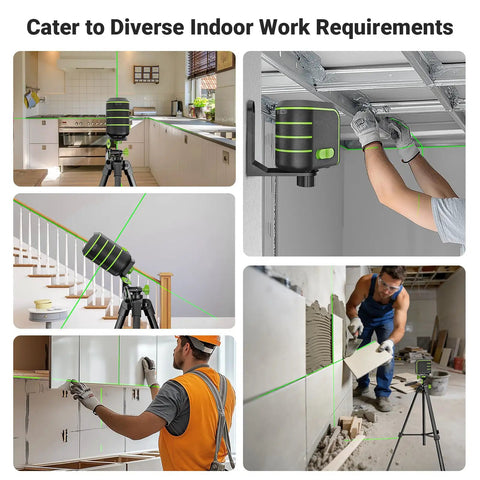 Self Leveling Laser Level Kit With 60 Inch Tripod For Precise Home Reno, Accurate To One Ninth Inch At 33 Feet, Easy Setup For Hanging Pictures, Installing Shelves, Aligning Cabinets, Tiling, Curtain Rods, And More U011G with tripod in kitchen, stair, and tile work scenes