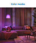 Lit Smart Light Bulbs 2 Pack Color Changing A19 LED illuminating a cozy living room with purple hue using motion sensor and app control.