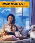 Mother and child reading beside 12 Pack 3D Night LED Light Bases With Remote Control, 16 Color RGB LED, USB Powered, 3.35 Inch Size