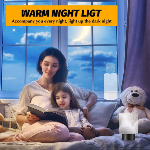 Mother and child reading beside 12 Pack 3D Night LED Light Bases With Remote Control, 16 Color RGB LED, USB Powered, 3.35 Inch Size