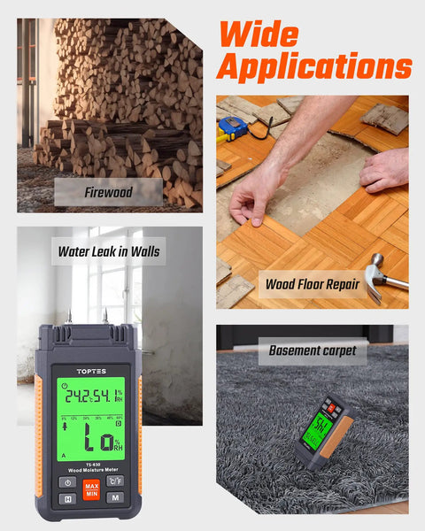 Wood Moisture Meter Handheld Digital Moisture Tester With Two And A Quarter Inch LCD Display And Tri Color Backlight in use for firewood, floor, walls, and carpet.