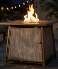 50,000 BTU Propane Fire Pit Table, 28 Inch Square, 2 In 1 Outdoor Fire Pit with Lid, set on a patio with visible flame