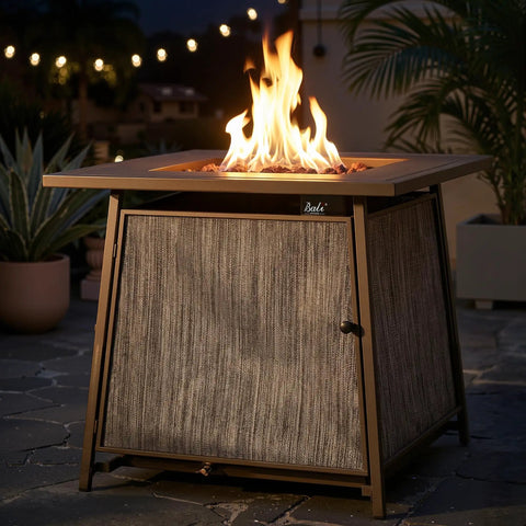 50,000 BTU Propane Fire Pit Table, 28 Inch Square, 2 In 1 Outdoor Fire Pit with Lid, set on a patio with visible flame