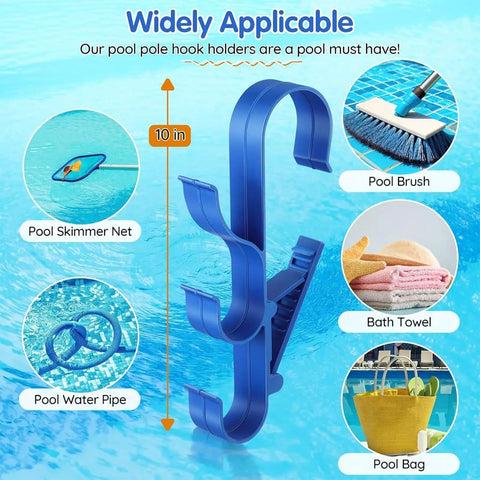 Adjustable Waterproof Pool Pole Hooks Three Hook Bracket for Telescopic Rods shown with pool items