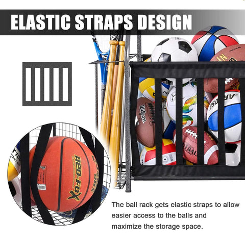 Garage Gear Storage Organizer With Golf Bag Rack And Ball Holder showcasing elastic straps design holding sports balls.