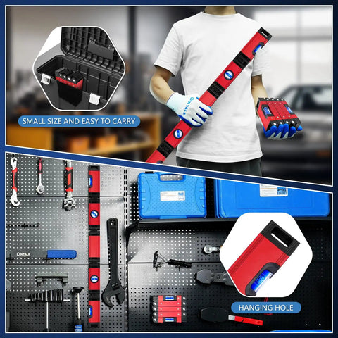 Person holding Go-To 28 Inch Folding Level Tool with Magnetic Base, showing foldable design and magnetic features for construction use.