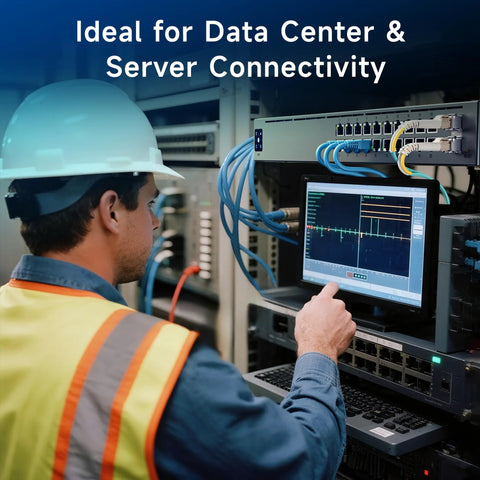 Side view of a data center technician in hard hat and safety vest inspecting a rack with fiber cables and a monitor.