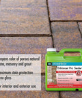 Top Tier Stone Sealer Brings Back That Badass Slab Yard Glow On Natural Rock Surfaces With A Smooth Wet Look Finish That Guards Against Stains Every Time, oil-based enhancer in green container.