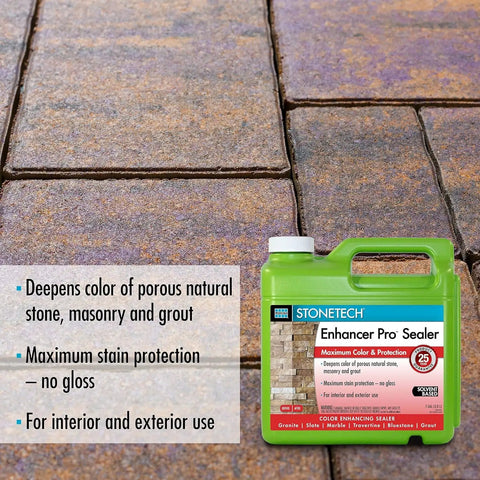Top Tier Stone Sealer Brings Back That Badass Slab Yard Glow On Natural Rock Surfaces With A Smooth Wet Look Finish That Guards Against Stains Every Time, oil-based enhancer in green container.