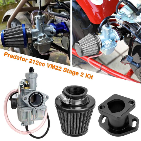 26mm Predator 212 Carburetor Upgrade Kit for 212cc Coleman CT200U Mini Bikes Go Karts MB200 Baja Warrior Engines 6.5 Hp GX160 GX200 OHV Clone Easy Install Improves Air Flow Throttle Response and Overall Performance showing carburetor, manifold, and air filter