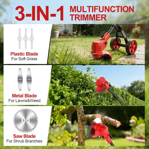 3-in-1 Cordless Weed Wacker With Wheels Electric Trimmer With Dual 21V 2.0Ah Batteries in action with three blade types