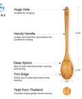 13.5 Inch Teak Cooking Spoon Wooden Mixing Spoon Handcrafted From Teak With High Moisture Resistance For Nonstick Cookware Lightweight No Fuss All Purpose Kitchen Tool For Healthy Cooking Easy Stirring And Scraping showing dimensions and features