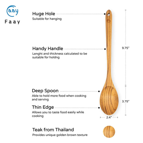 13.5 Inch Teak Cooking Spoon Wooden Mixing Spoon Handcrafted From Teak With High Moisture Resistance For Nonstick Cookware Lightweight No Fuss All Purpose Kitchen Tool For Healthy Cooking Easy Stirring And Scraping showing dimensions and features