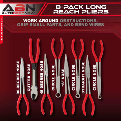 8-piece long reach circle nose pliers set including diagonal, angled, and straight nose for tight spaces and heavy duty projects