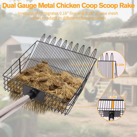 Beefy Heavy Duty Chicken Poop Scooper With Adjustable Long Handle And Stainless Steel Sifter Shovel in a coop scene