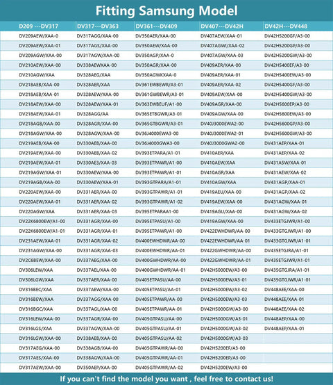 Detailed chart listing Samsung compatible models for Upgraded Heavy Duty Dryer Belt Kit With Dual Ball Bearing Idler Pulley And Tension Spring.