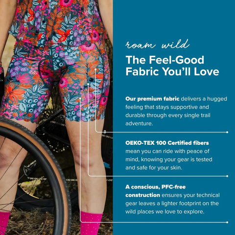 2.0 Padded High Rise Biker Shorts For Women With Waistband Free Design And Softer Compression For A Flexible Flattering Fit Trail And Training Ready Mulberry XL, colorful floral pattern next to bicycle wheel.