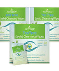 Front view of NOVEHA Tea Tree Eyelid Cleansing Wipes packaging; three green boxes, 60 wipes per pack.