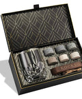 Eco Crystal Whiskey Gift Set With Handcrafted Granite Chill Stones And European Style 11.7 Oz Tumbler, Hardwood Tray, Gold Foil Box