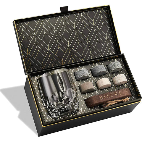 Eco Crystal Whiskey Gift Set With Handcrafted Granite Chill Stones And European Style 11.7 Oz Tumbler, Hardwood Tray, Gold Foil Box
