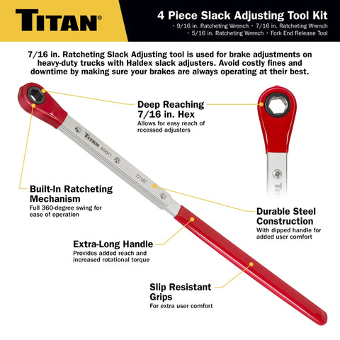 Slack Adjusting Tool And Wrench Kit Four Piece Set For Heavy Duty Truck Brakes With 7/16 inch ratchet wrench, steel red handle