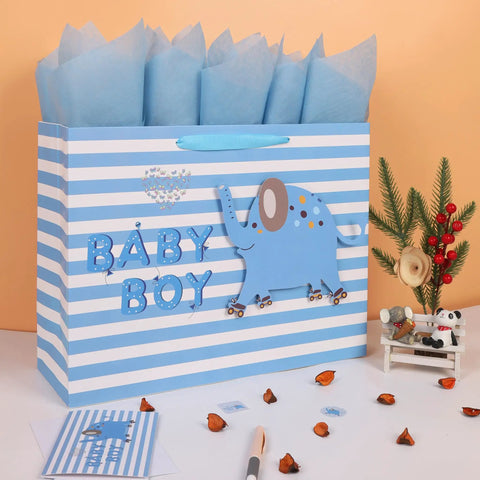 16.5 Inch Extra Large Baby Boy Gift Bag Set With Handles Greeting Card Blue Tissue Paper And Stickers 3D Elephant Design