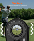 Golf Rangefinder With Slope, 800 Yards Range, 6X Magnification, showing flag pole lock feature with golfer in background
