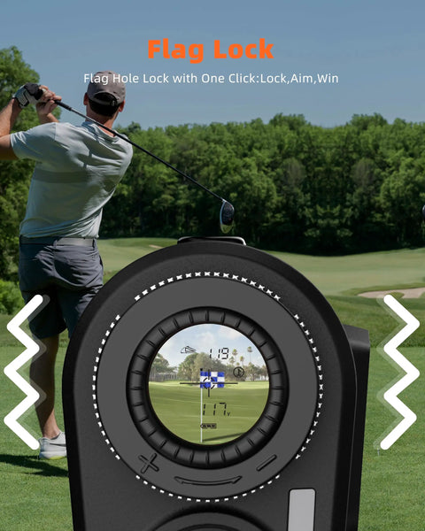 Golf Rangefinder With Slope, 800 Yards Range, 6X Magnification, showing flag pole lock feature with golfer in background