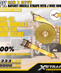 4 Pack 2 Inch By 27 Foot Heavy Duty Ratchet Tie Down Straps With Double J Hooks, shown coiled and in use with truck