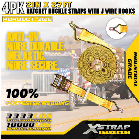 4 Pack 2 Inch By 27 Foot Heavy Duty Ratchet Tie Down Straps With Double J Hooks, shown coiled and in use with truck