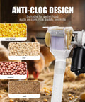 Close-up of Smooth Operator 16 Group Automatic Poultry Feeder With Programmable Timer showcasing anti-clog feed design and suitable food types.