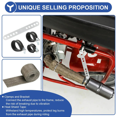 Beefed Up Performance 212 Exhaust Header Pipe Muffler Silencer Kit installed on red go-kart with clamps and heat wrap.