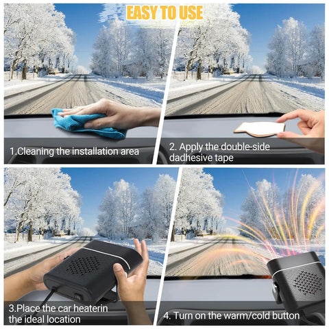 Portable 12V Car Heater Brings Road Trip Ready Warmth Straight To Your Dash For Quick Windshield Defrosting With Easy Plug And Play Cigarette Lighter Setup For Any Winter Drive, installation steps illustrated.