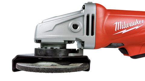 Five Pack 4-1/2 Inch Hubbed Grinding Wheels for Grinders attached to a red angle grinder tool