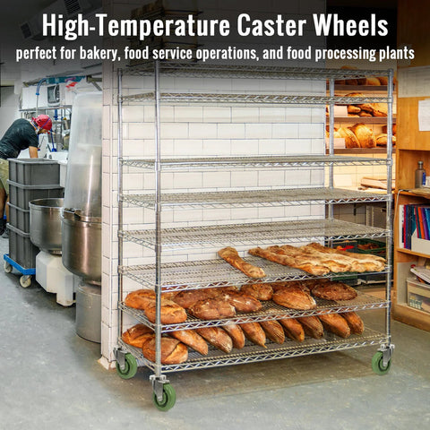 High-temperature caster wheels on a metal wire bakery rack with four green casters (front view)