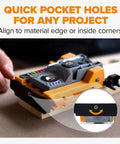 Mini Pocket Hole Jig Kit Auto Adjusting Portable System For Woodworking shown aligned on wood for drilling precise joints