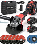 Cordless Four And A Half Inch Angle Grinder With 18.5V Brushless Motor Beefy Battery Powered Cut Off Tool Kit Includes Two 3.0Ah Batteries And Charger For Metal Stone Tile Cutting And Grinding And Rust Removal, with case, charger, and discs