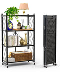 4 Tier Foldable Storage Shelf On Wheels Easy Grab And Go Rolling Cart for books, decor, and pantry items, shown folded and open