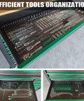 348 Piece Pro Grade Tool Set organized inside 13 Drawer Rolling Tool Cabinet With Wood Workbench And Pegboard Heavy Duty Steel Tool Storage With Lock And Key Includes 348 Piece Pro Grade Tool Set Ideal For Home Garage Or Workshop Organization