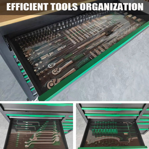 348 Piece Pro Grade Tool Set organized inside 13 Drawer Rolling Tool Cabinet With Wood Workbench And Pegboard Heavy Duty Steel Tool Storage With Lock And Key Includes 348 Piece Pro Grade Tool Set Ideal For Home Garage Or Workshop Organization