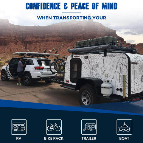 SUV towing a trailer with bike rack in a desert landscape, emphasizing secure transport with heavy duty trailer hitch lock pin.