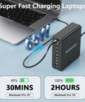 GaN III 65W 10 Port USB C And USB A Charger Station Fast charging MacBook Pro with 65W power, black rectangular design