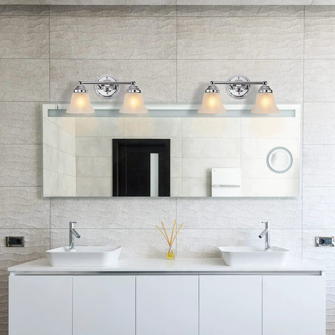 Two Light Chrome Vanity Wall Sconce Lighting With Frosted Glass Shade above modern bathroom mirror