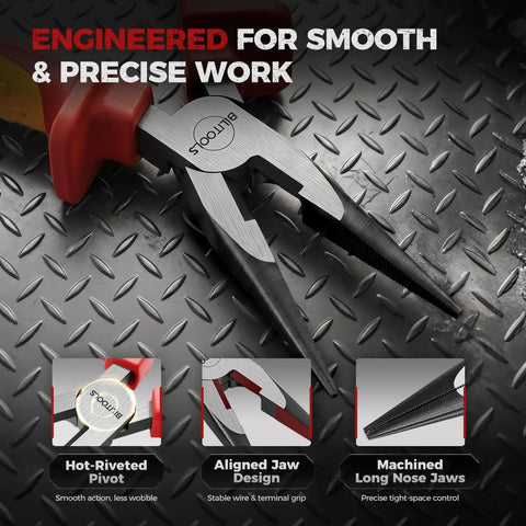 Insulated Needle Nose Pliers, 6 Inch, 1000V VDE Certified, Cr V Steel, Long Narrow Jaws For Tight Spaces, Reaches Into Electrical Boxes And Dense Panels, Pro Grade Tool For Electricians And Wiring Bundles, angled view on metal surface