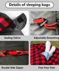 Details of Cozy Double Sleeping Bag For Adults With 2 Pillows, flannel cotton, showing Velcro, zipper, drawstring, and feet opening.