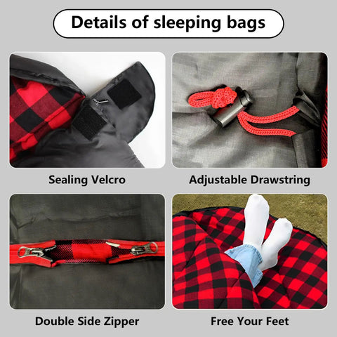 Details of Cozy Double Sleeping Bag For Adults With 2 Pillows, flannel cotton, showing Velcro, zipper, drawstring, and feet opening.
