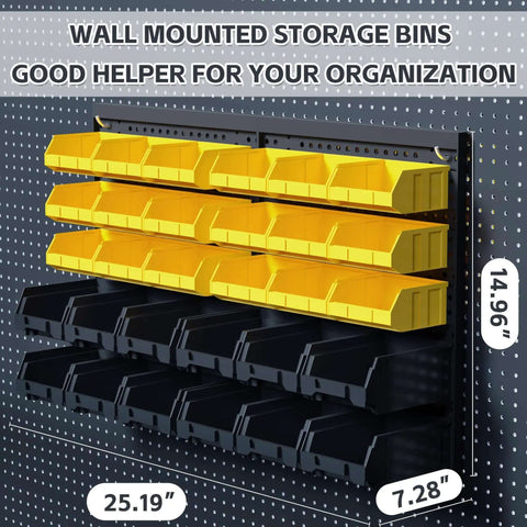 Wall Mounted Storage Bins For Garage Organizer 30 Piece Plastic Tool Bins In Black And Yellow, installed on pegboard