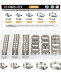 45 Piece Stainless Steel Hose Clamp Kit With Worm Gear Adjustable From 1/4 To 1-1/8 Inches (6-29 Mm) For Plumbing Automotive And Mechanical Applications Corrosion Resistant 304 Stainless Steel in open case with assorted clamps.