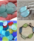 Sea glass beads collage: frosted teal teardrop beads, earrings, and a bracelet of linked sea-glass pieces.