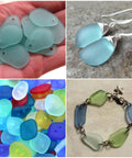 Collage of sea glass pieces, earrings, colorful beads, and a sea glass bracelet for jewelry making with diamond drill bit set.